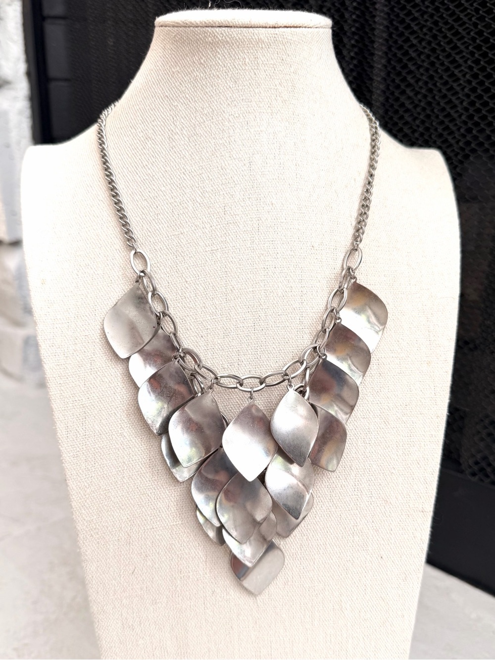 Silver Tone Metal Petal Triple Chain Statement Necklace